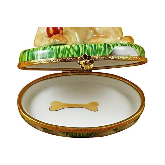 Every brushstroke by hand on the Beige Labrador Dog with Ball Limoges box from France