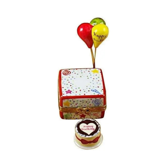 Genuine Rochard Birthday Cake with Balloons & Confetti Limoges box painted by hand in France, from Limoges Boutique