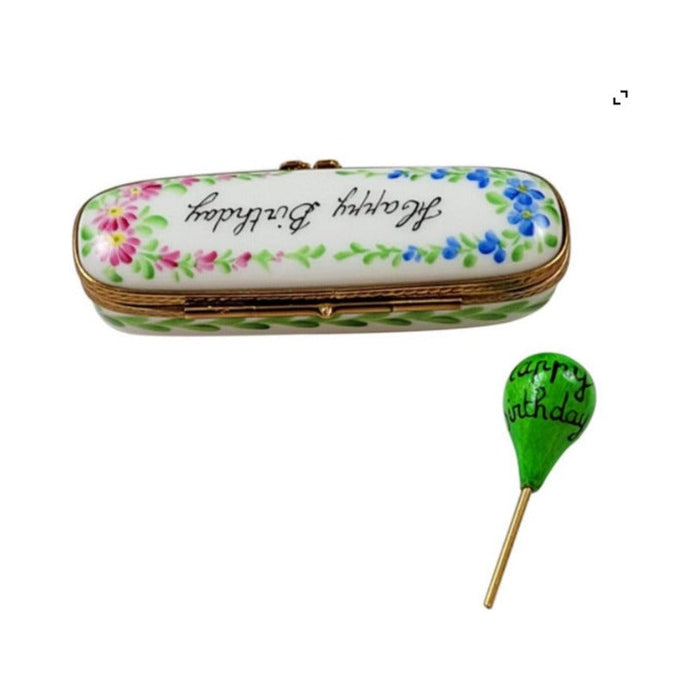 Painted details on the Oblong Happy Birthday with Balloon. Limoges box, French art in miniature