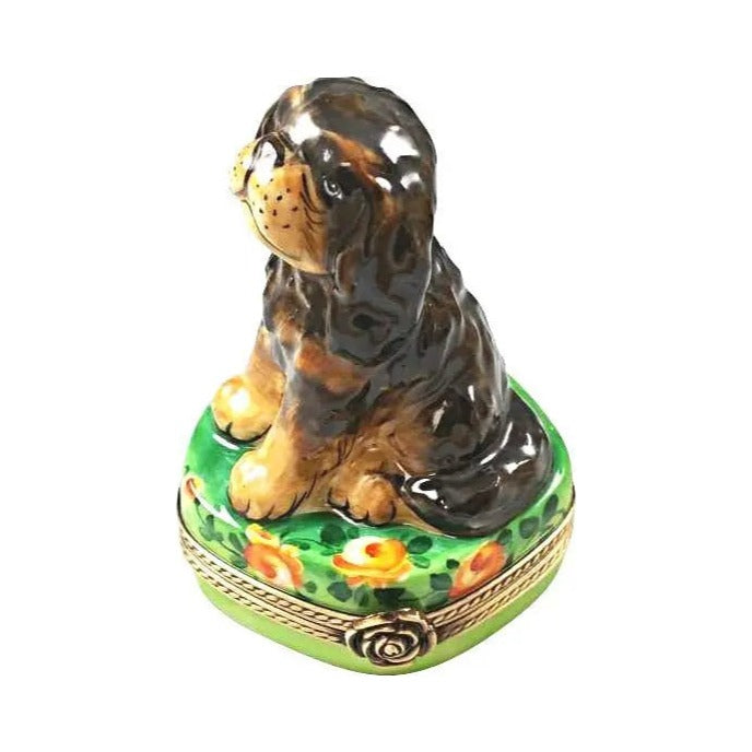 Authentic Rochard Black and Tan King Charles Spaniel Limoges box, hand-painted in France, from Limoges Boutique