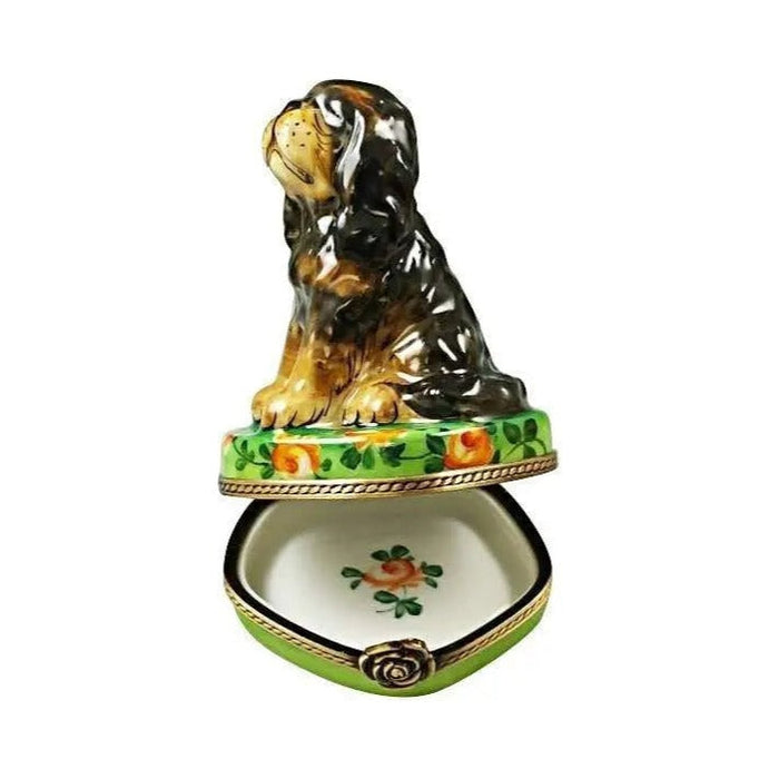 Every brushstroke by hand on the Black and Tan King Charles Spaniel Limoges box from France