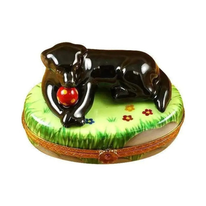 Authentic Rochard Black Lab Dog Ball Limoges box, hand-painted in France, from Limoges Boutique