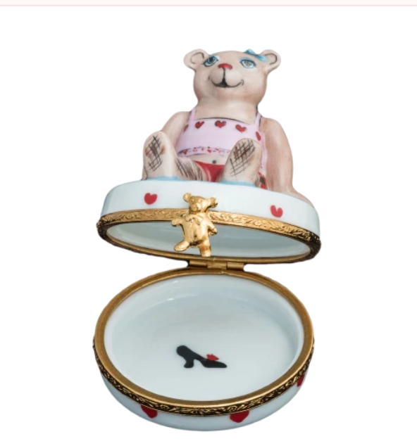 Teddy Girl Bear Love hand-painted Limoges porcelain box by Artoria, open view