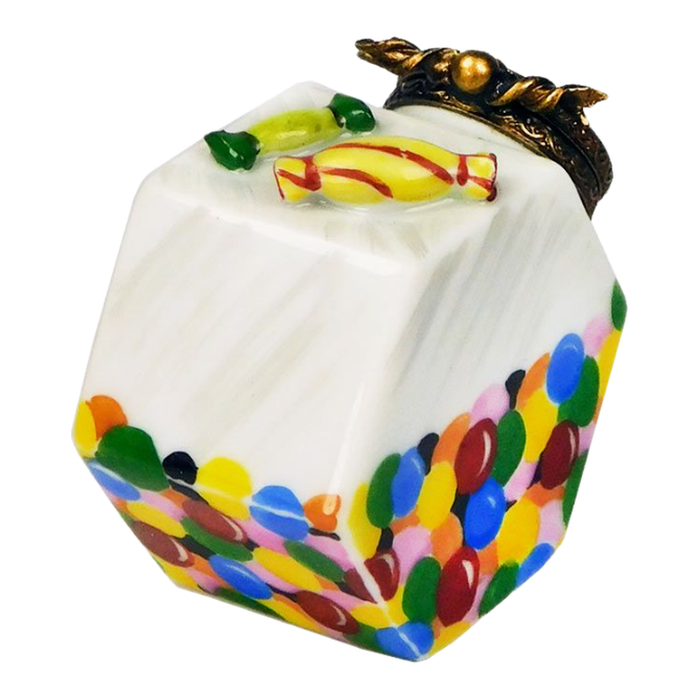 Bubble gum candy jar hand-painted Limoges porcelain box with wrapped candies on top