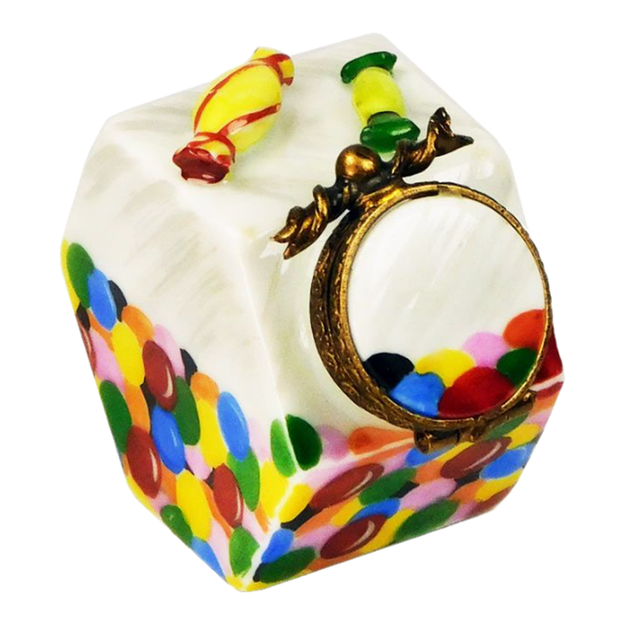 Bubble gum candy jar Limoges box, round window view showing colorful gumballs