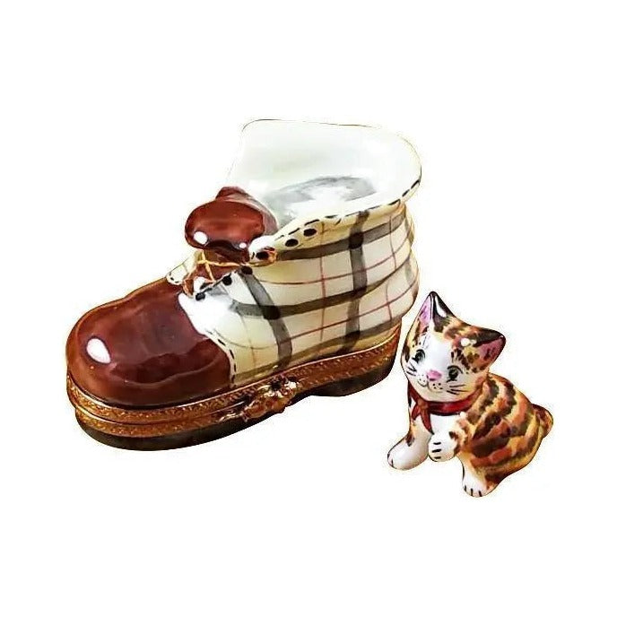 Cat in Scottish Plaid Boot by Rochard, an authentic French Limoges box from Limoges Boutique