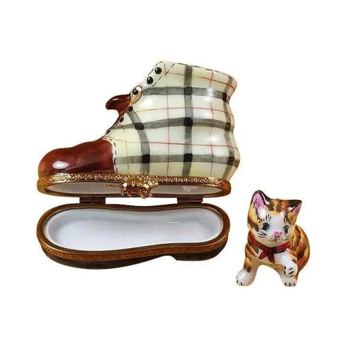 Artisan-painted Cat in Scottish Plaid Boot Limoges box from France, a cherished collectible