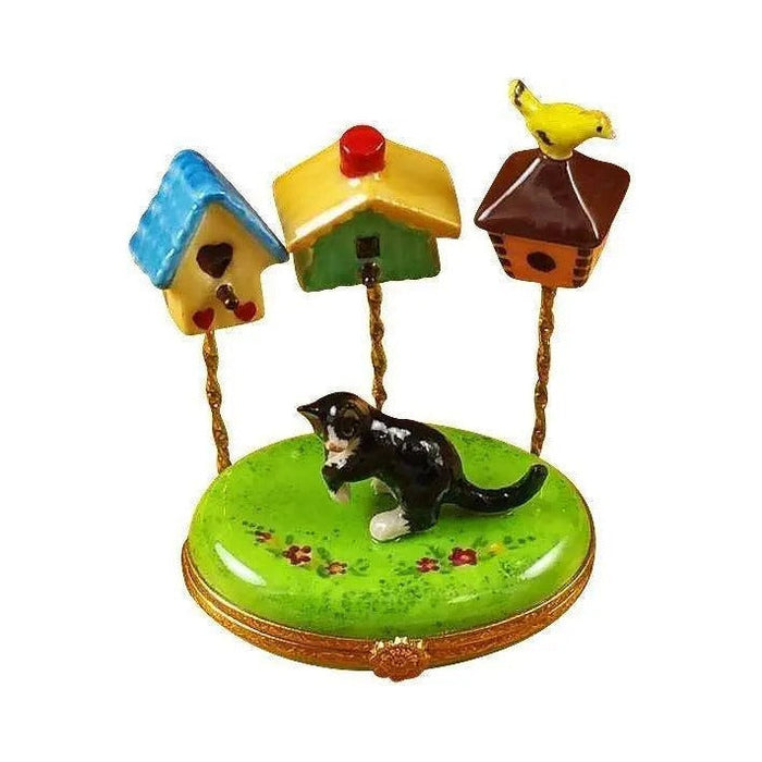 Genuine Rochard Cat with Three Birdhouses Limoges box painted by hand in France, from Limoges Boutique