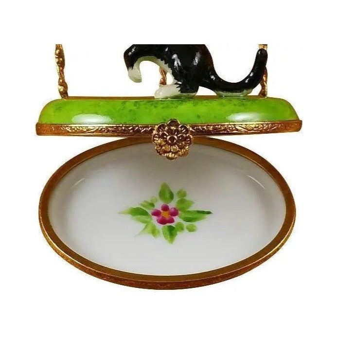 Fine art lovers will admire this Cat with Three Birdhouses Limoges box