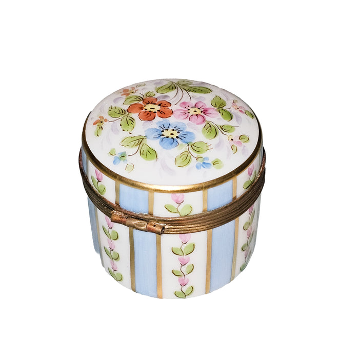 Charming Blue Striped Box for Elegant Gifting Porcelain Limoges Round French Trinket Box