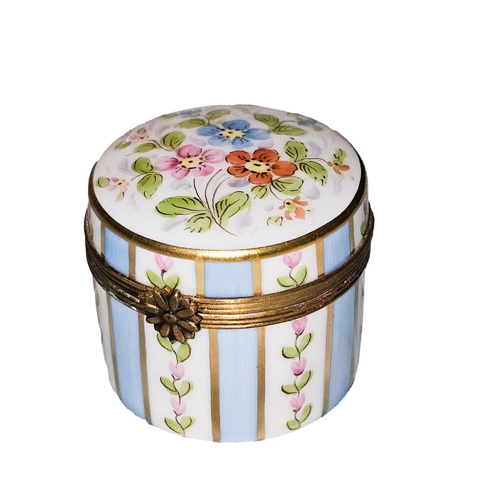 Charming Blue Striped Box for Elegant Gifting Porcelain Limoges Round French Trinket Box