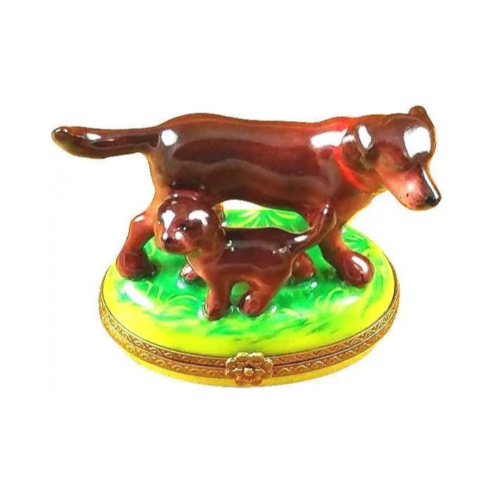 Genuine Rochard Chocolate Labrador with Puppy Limoges box painted by hand in France, from Limoges Boutique