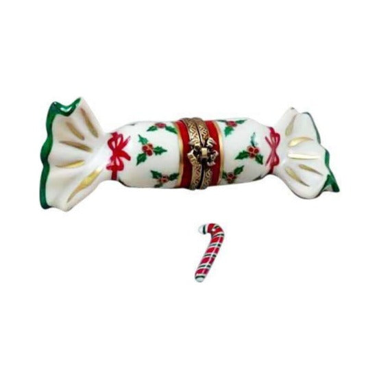 Authentic Rochard Christmas Candy with Cane Limoges box, hand-painted in France for Christmas, from Limoges Boutique