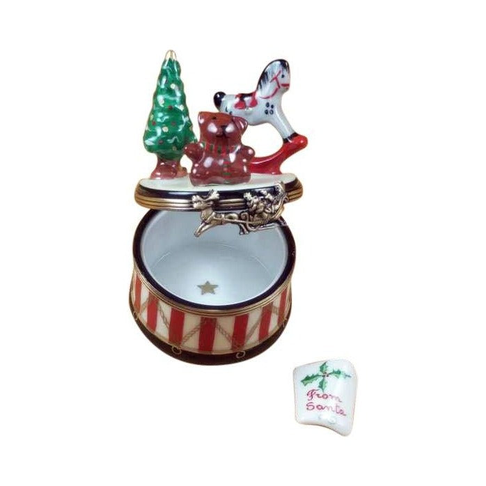 Hand-painted Christmas Drum with Toys, Removable Letter Santa Limoges box, French artistry for lovers of fine art