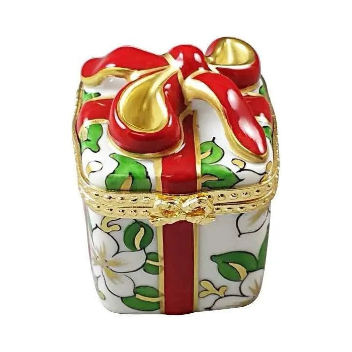 Authentic Rochard Christmas Gift Box with Red Bow Limoges box, hand-painted in France for Christmas, from Limoges Boutique