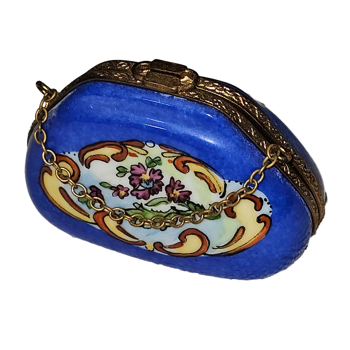 Deep Blue Floral Elegance for Collectors Porcelain Limoges purse French Trinket Box