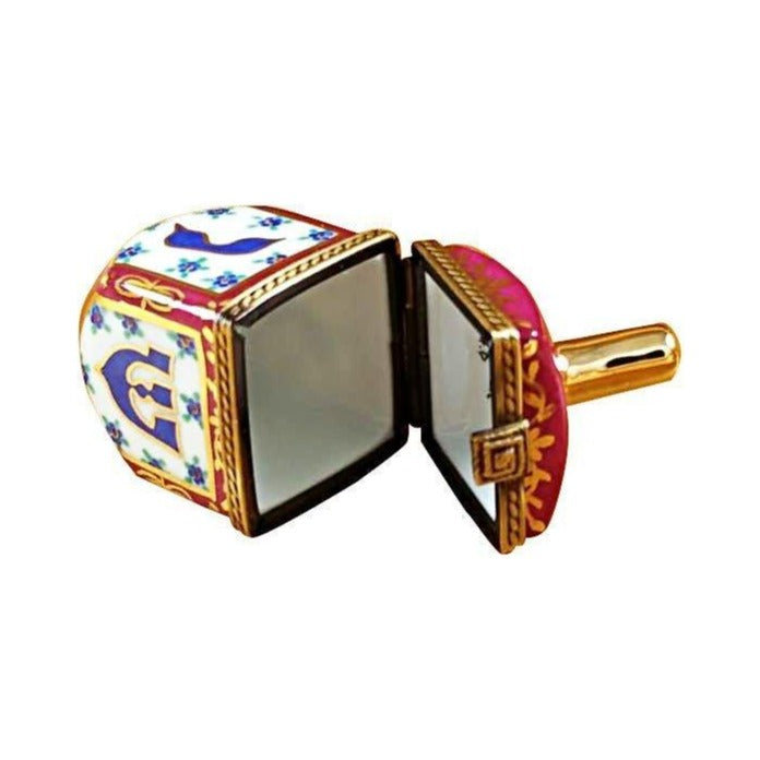 Painted details on the Blue Maroon Dreidel Limoges box, French art in miniature