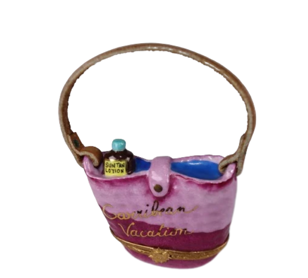 Pink Caribbean Vacation beach bag with suntan lotion, hand-painted Limoges porcelain box by Artoria
