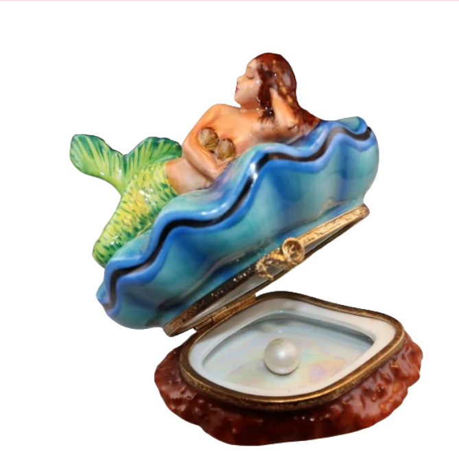 Mermaid on shell with pearl inside, hand-painted Limoges porcelain box by Artoria, open view