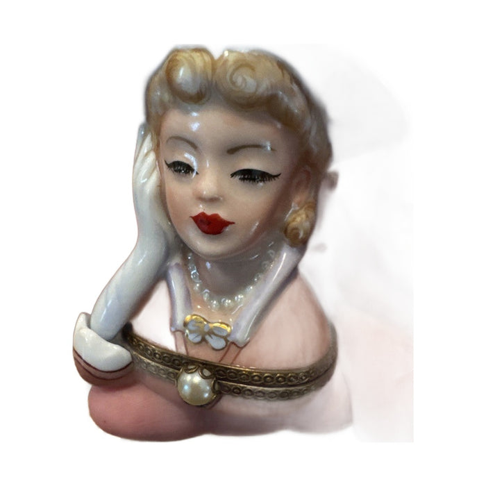 Fancy lady in blue bonnet Limoges box - white background