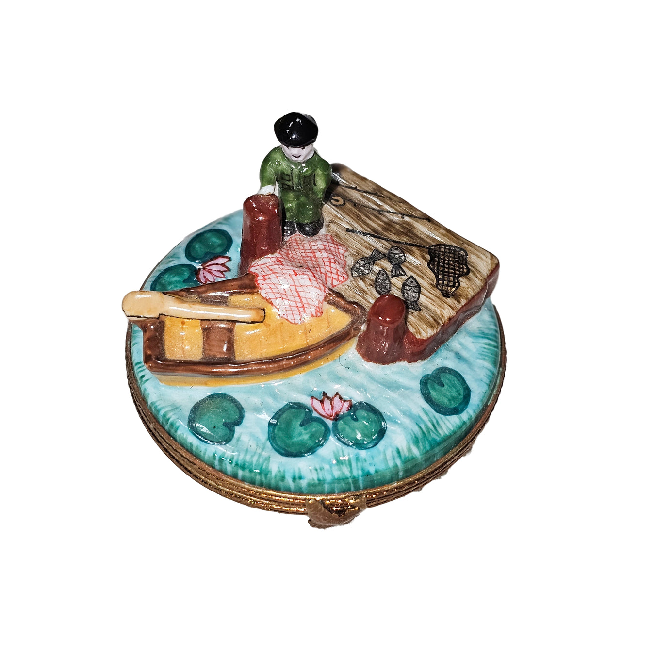 Fisherman on Boat and Dock Limoges Box | Limoges Boutique Authentic Limoges Box