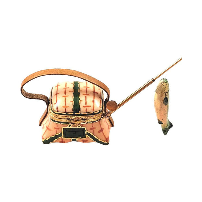 Fishing Basket with Rod & Fish by Rochard, an authentic French Limoges box from Limoges Boutique