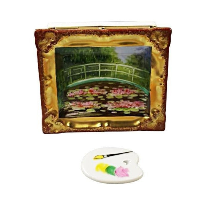 Painted details on the Framed Monet Japanese Footbridge with Palette Limoges box, French art in miniature