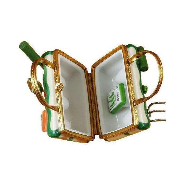 Gardening Bag with Tools Limoges box painted by hand in Limoges, France, a gift to treasure