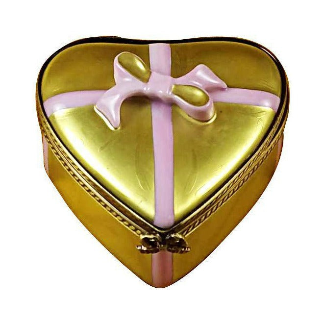 Authentic Rochard Gold Heart with Pink Bow Chocolates Love Limoges box, hand-painted in France, from Limoges Boutique