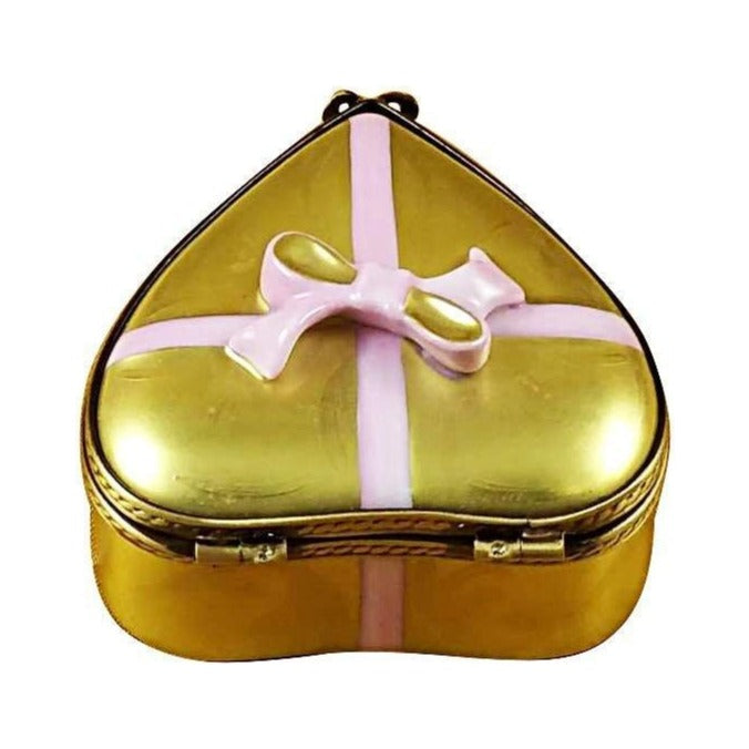 Painted details on the Gold Heart with Pink Bow Chocolates Love Limoges box, French art in miniature