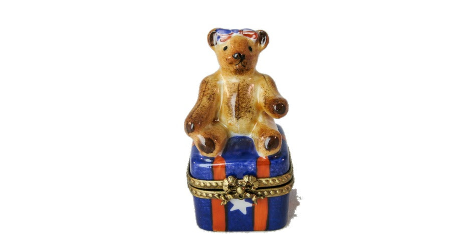 Small Bear on Square hand-painted Limoges porcelain box