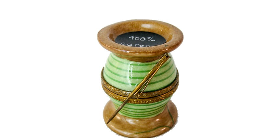 Green Spool of Sewing Thread hand-painted Limoges porcelain box