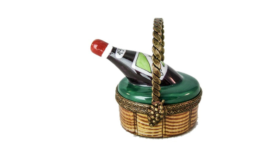 Small Beaujolais Bottle Wine in Basket hand-painted Limoges porcelain box by Parry Vieille (PV)