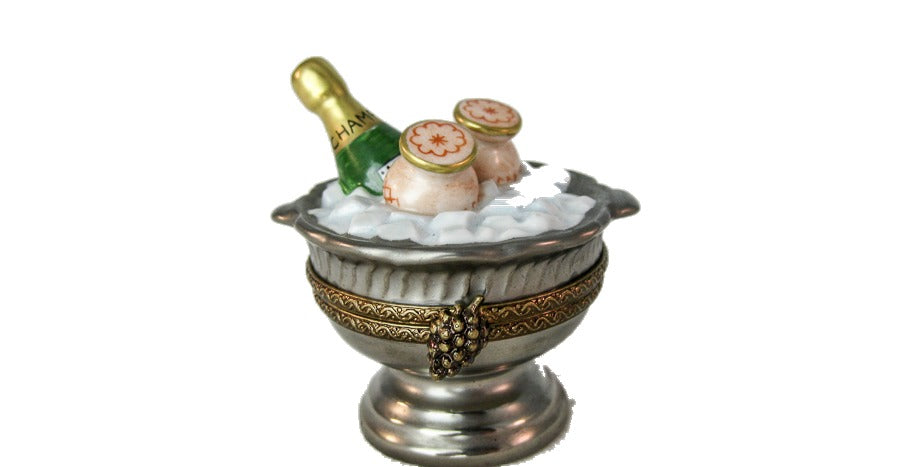 Champagne and Cups in Ice Bucket, Silver hand-painted Limoges porcelain box by Parry Vieille (PV)