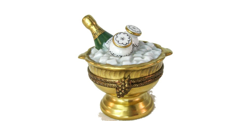 Champagne and Cups in Ice Bucket, Gold hand-painted Limoges porcelain box by Parry Vieille (PV)