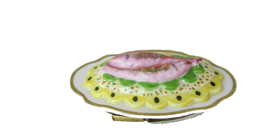 Salmon on Platter hand-painted Limoges porcelain box by Parry Vieille (PV)