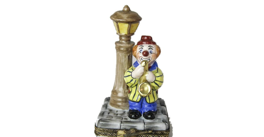 Clown Playing Saxophone hand-painted Limoges porcelain box by Elda Créations