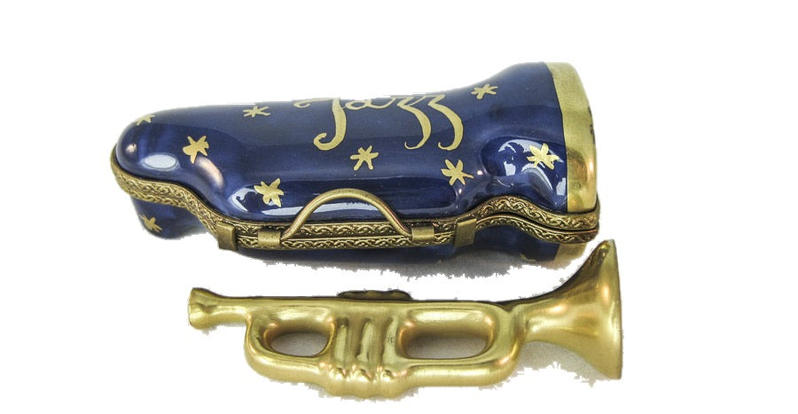 Trumpet in Case hand-painted Limoges porcelain box by Parry Vieille (PV)