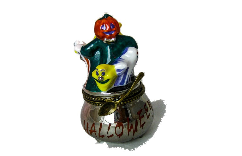 Ghosts and Pumpkin on Cauldron hand-painted Limoges porcelain box by Limoges Diffusion