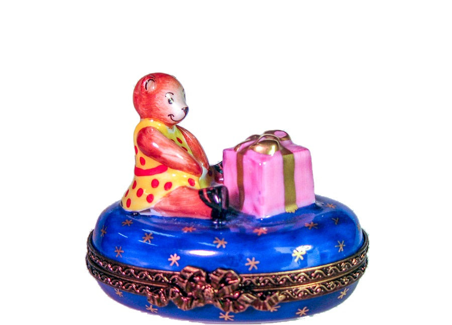 Mini Teddy Bear with Gift hand-painted Limoges porcelain box by Parry Vieille (PV)