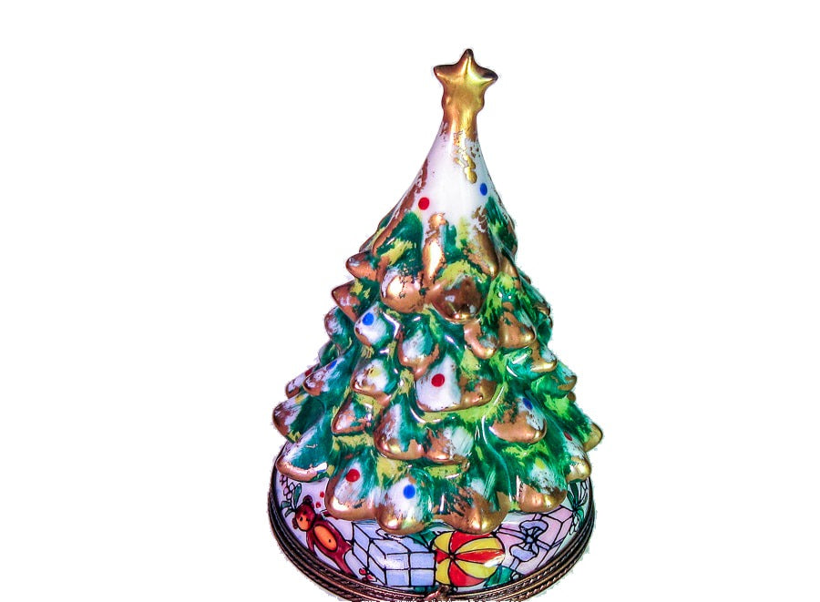 Christmas Tree hand-painted Limoges porcelain box by Parry Vieille (PV)