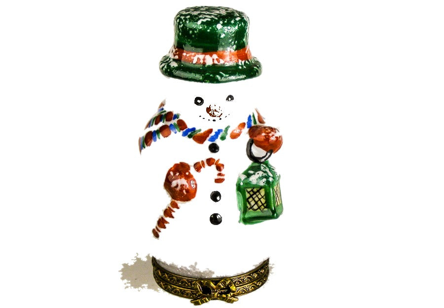 Snowman with Green Hat hand-painted Limoges porcelain box by Parry Vieille for Rochard