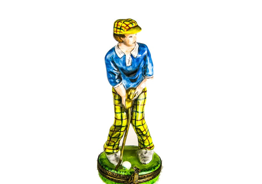 Golfer with Golf Club and Ball hand-painted Limoges porcelain box by Rochard