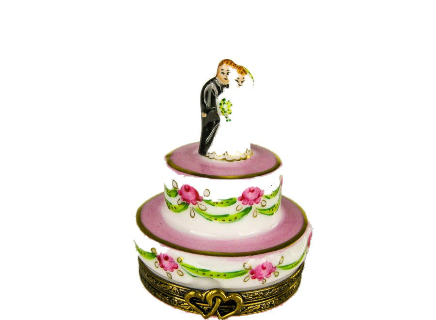 Mini Wedding Cake with Bride and Groom hand-painted Limoges porcelain box by Diez (DZ)