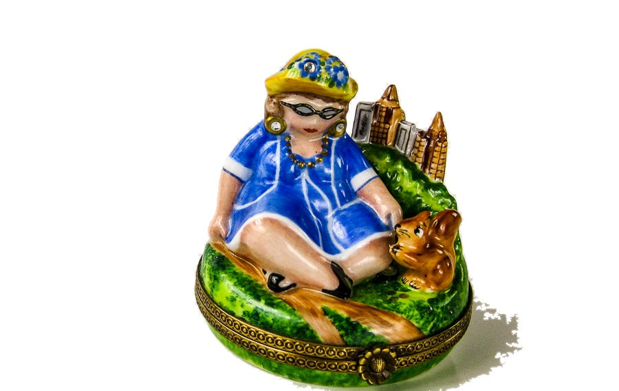 Lady in New York in Central Park with Squirrel hand-painted Limoges porcelain box by Chanille