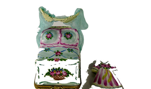 Bed with Blue Spread and Canopy hand-painted Limoges porcelain box