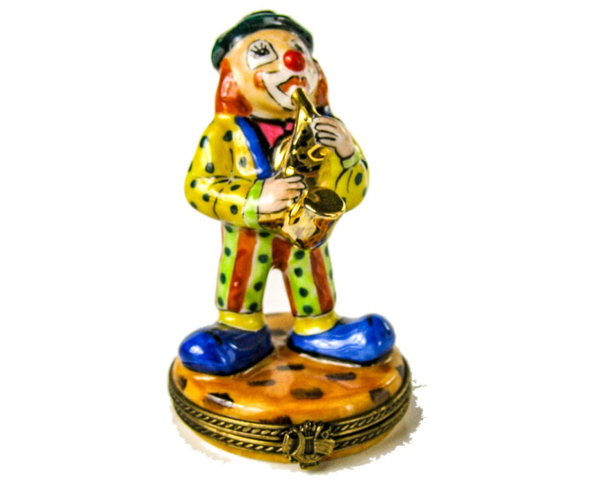 Clown Playing Saxophone hand-painted Limoges porcelain box by Diez (DZ)