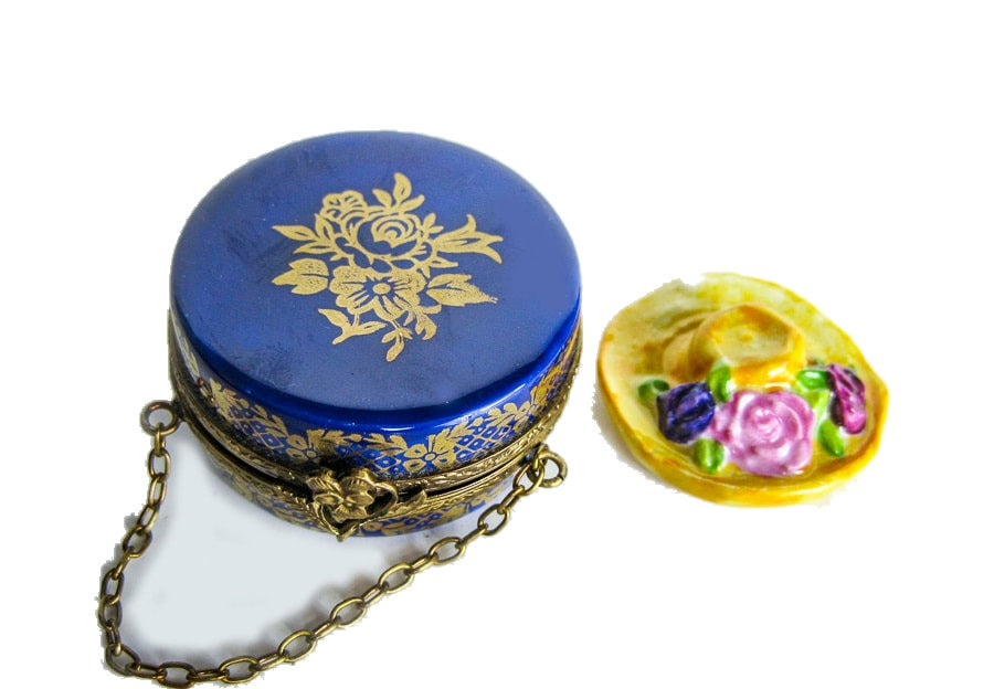 Hat Box with Yellow Hat hand-painted Limoges porcelain box by Parry Vieille (PV)