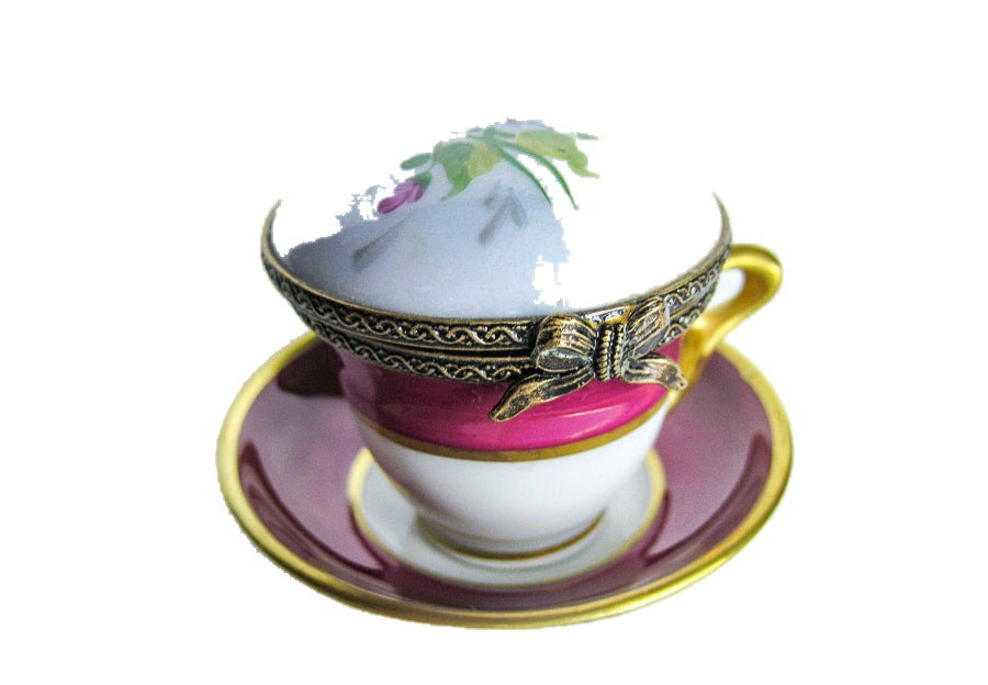 Covered Cup and Saucer hand-painted Limoges porcelain box