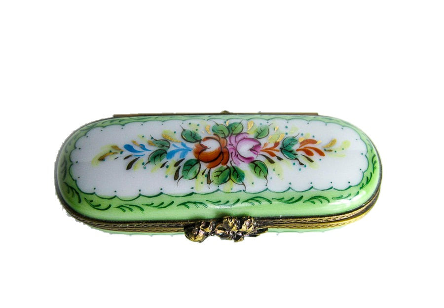 Green Flower Painted Pin Box hand-painted Limoges porcelain box by Rochard